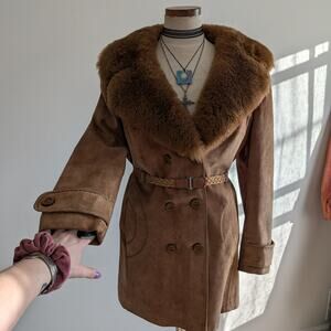 Vintage Brown Suede Penny Lane Coat Fur 70s Leather Jacket Boho Afghan Medium